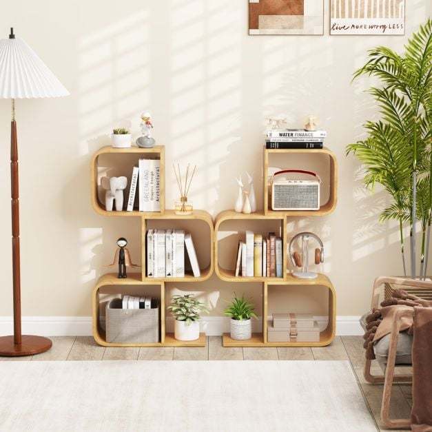 Set of 2 S-Shaped Bookcase Bamboo Bookshelf with 2 Open Cubes-3-Tier