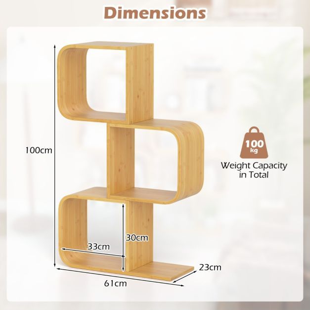 Set of 2 S-Shaped Bookcase Bamboo Bookshelf with 2 Open Cubes-3-Tier