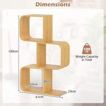 Set of 2 S-Shaped Bookcase Bamboo Bookshelf with 2 Open Cubes-3-Tier