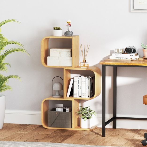 Set of 2 S-Shaped Bookcase Bamboo Bookshelf with 2 Open Cubes-3-Tier