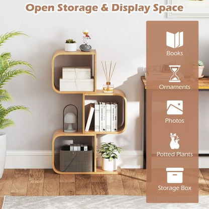 Set of 2 S-Shaped Bookcase Bamboo Bookshelf with 2 Open Cubes-3-Tier