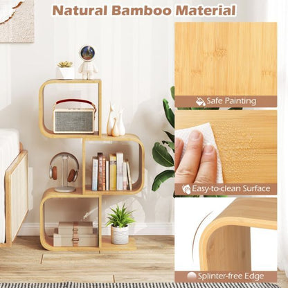 Set of 2 S-Shaped Bookcase Bamboo Bookshelf with 2 Open Cubes-3-Tier