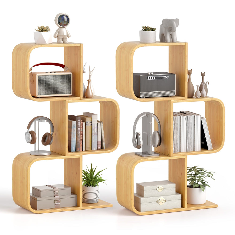 Set of 2 S-Shaped Bookcase Bamboo Bookshelf with 2 Open Cubes-3-Tier