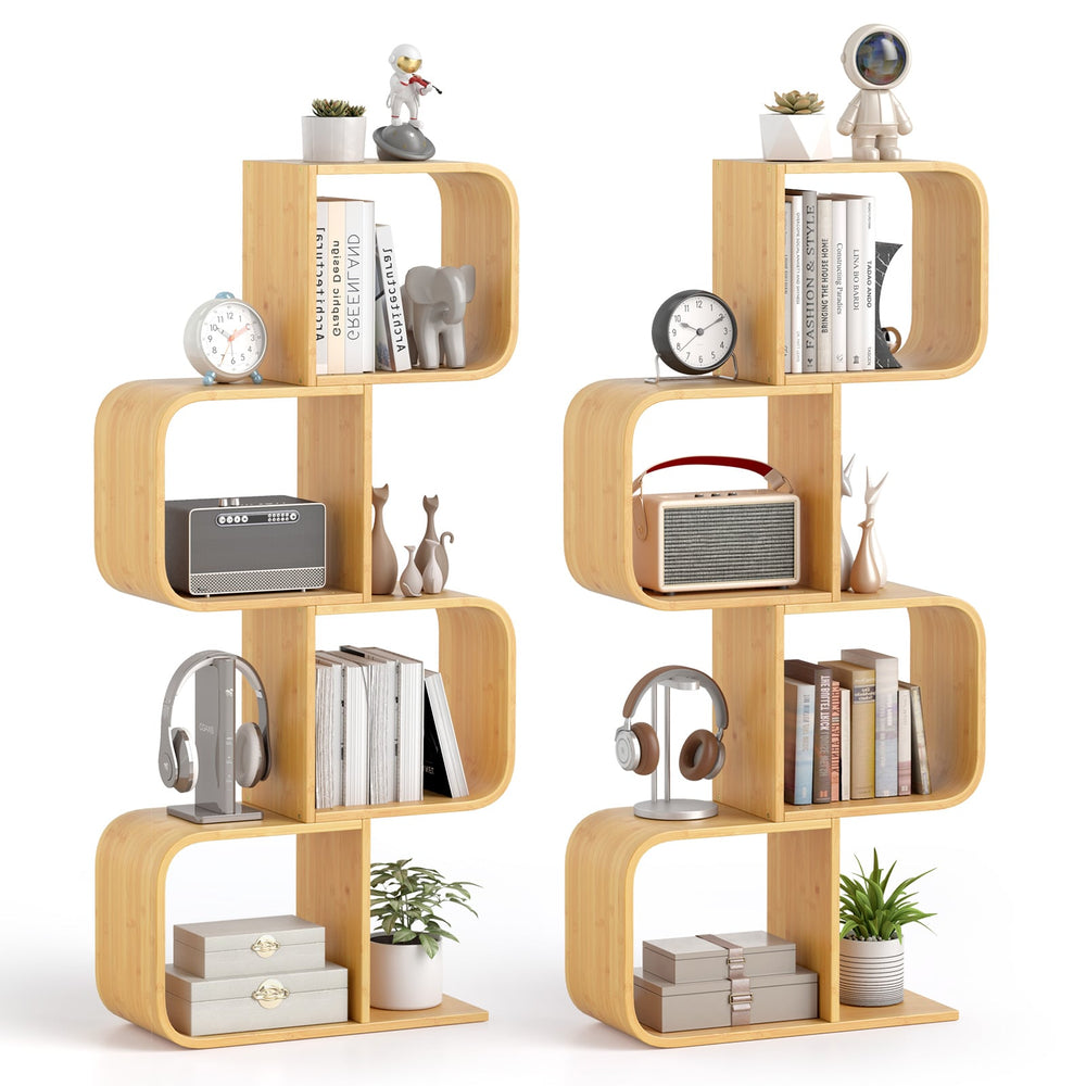Set of 2 S-Shaped Bookcase Bamboo Bookshelf with 2 Open Cubes-4-Tier