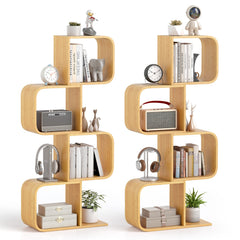 Set of 2 S-Shaped Bookcase Bamboo Bookshelf with 2 Open Cubes-4-Tier