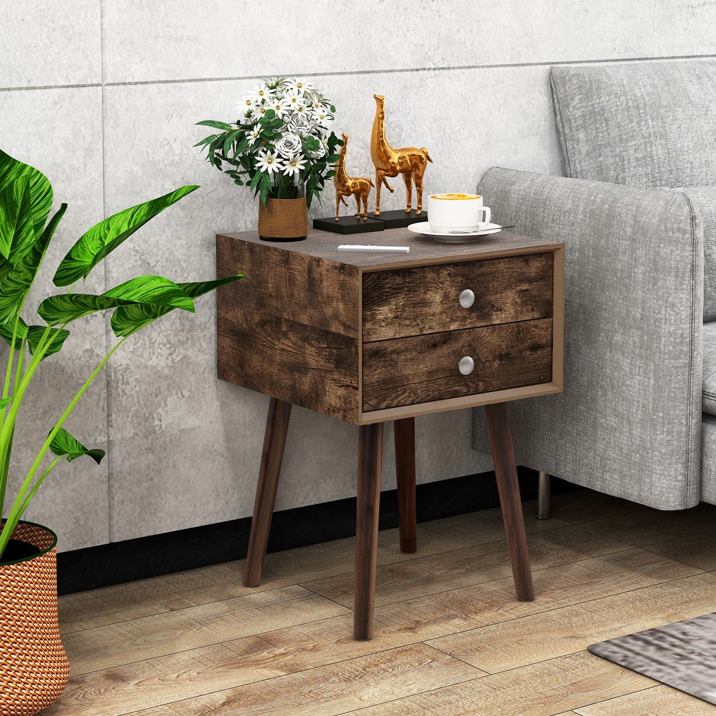 Set of 2 Wooden Nightstand with Rubber Wood Legs-Rustic Brown