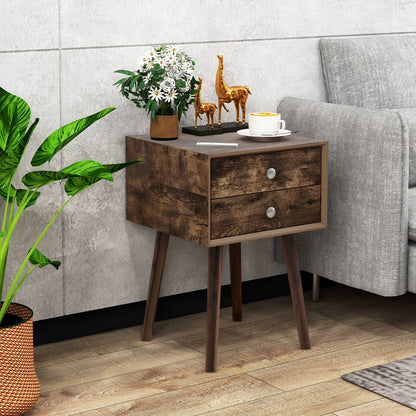 Set of 2 Wooden Nightstand with Rubber Wood Legs-Rustic Brown
