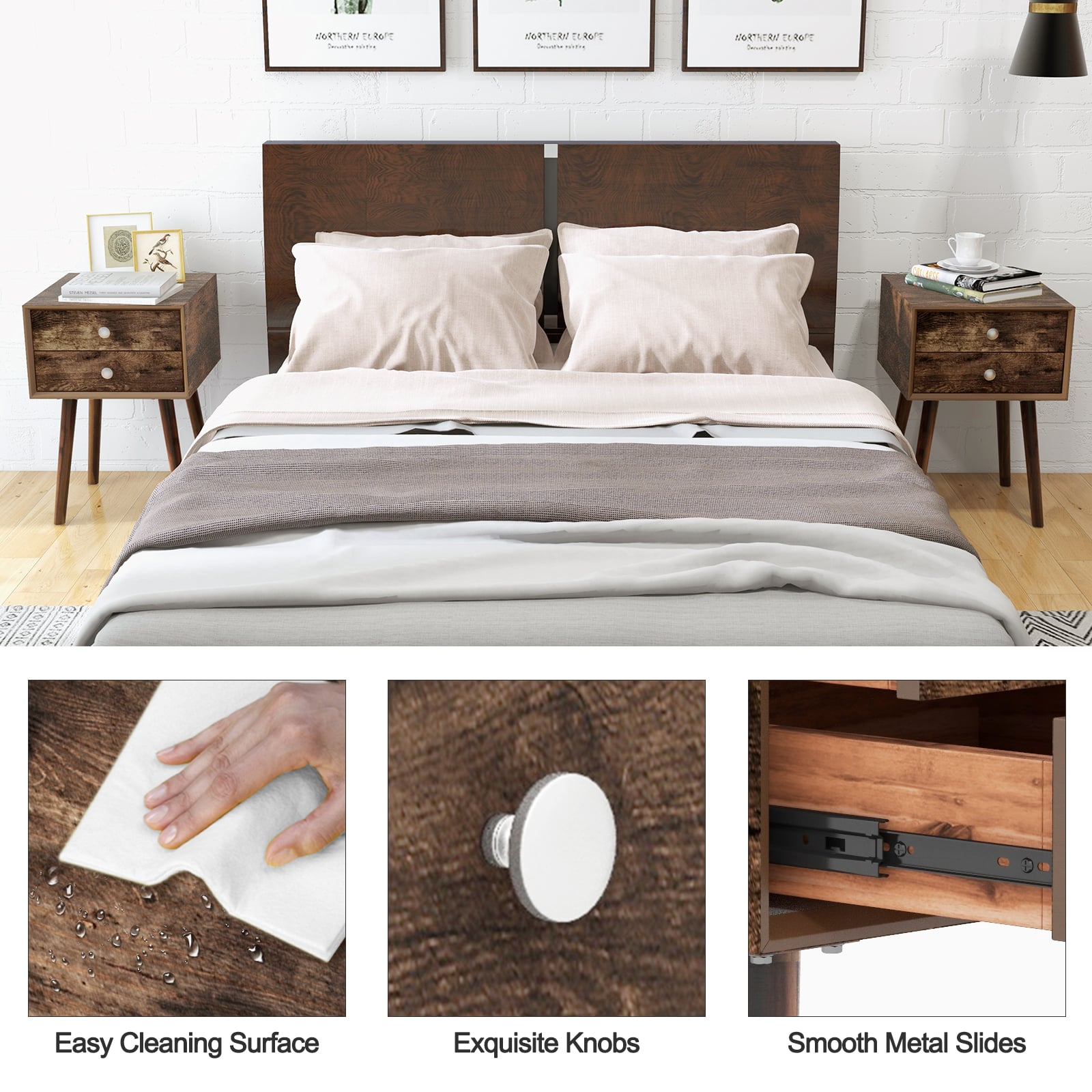 Set of 2 Wooden Nightstand with Rubber Wood Legs-Rustic Brown