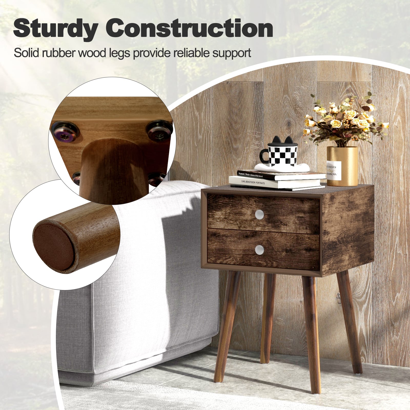 Set of 2 Wooden Nightstand with Rubber Wood Legs-Rustic Brown