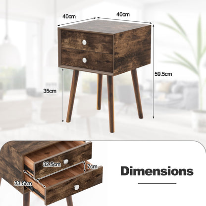 Set of 2 Wooden Nightstand with Rubber Wood Legs-Rustic Brown