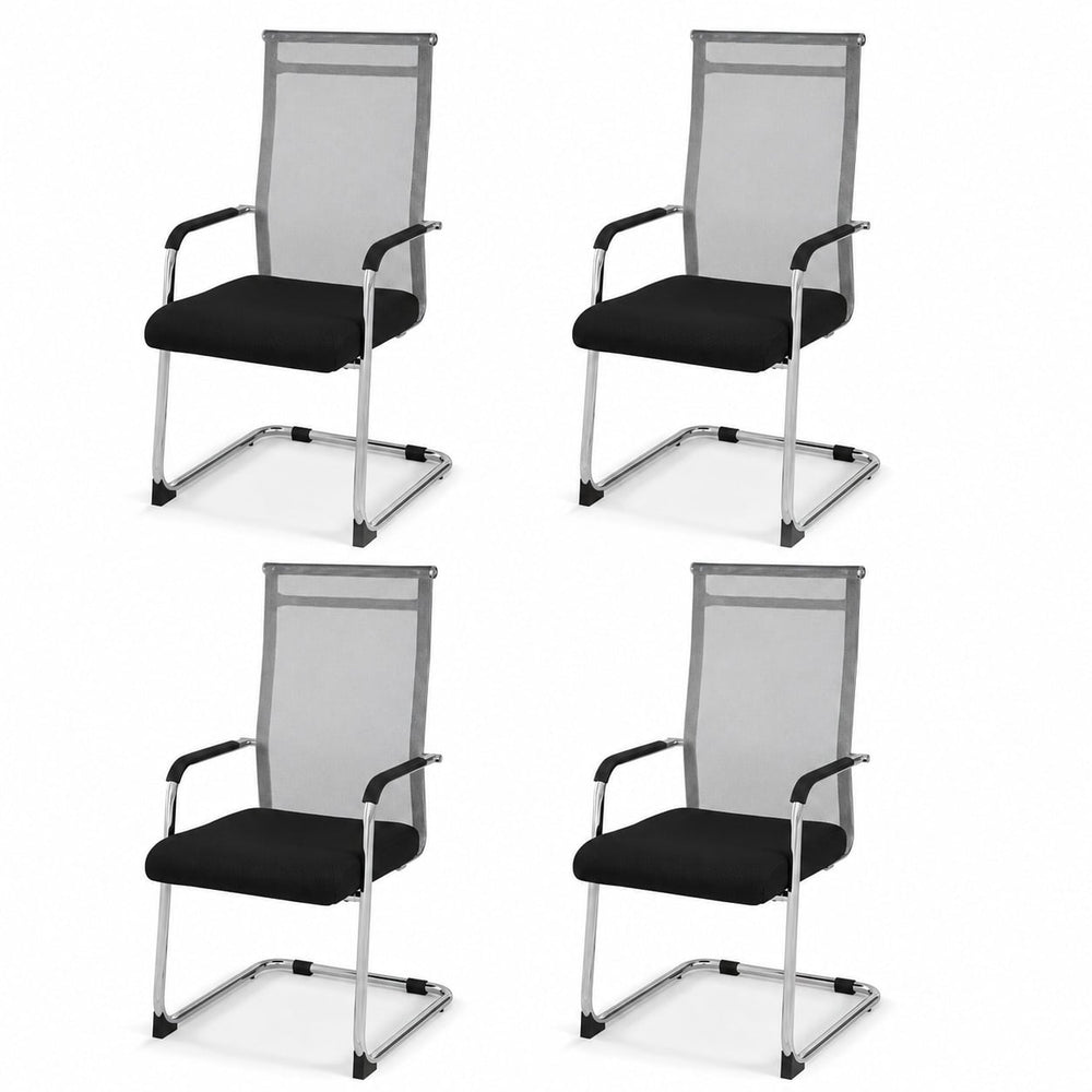 Set of 4 Office Guest Chairs with Metal Sled Base and Armrests-Grey
