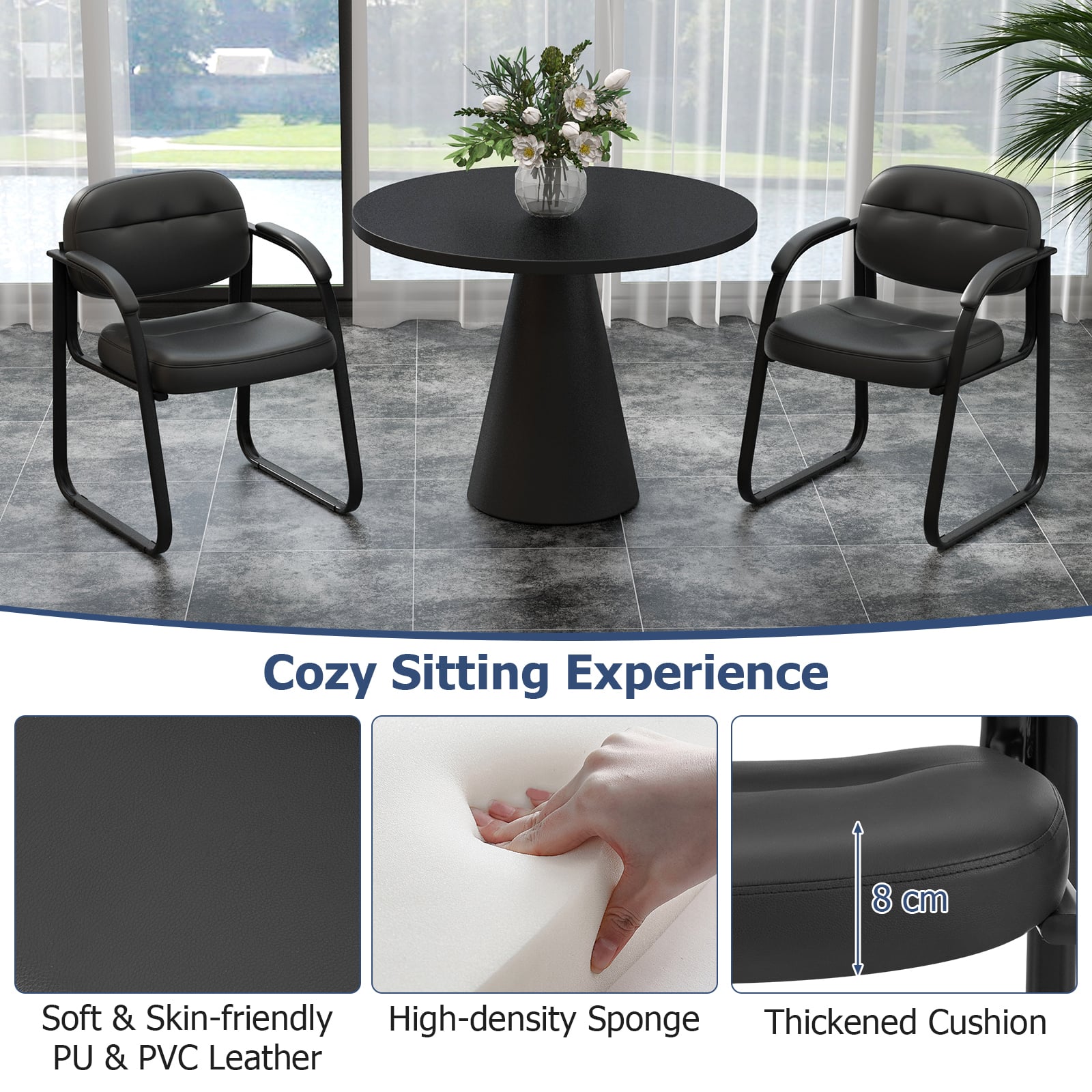 Set of 4 Waiting Room Chairs with Sled Base and Padded Arm Rest-Black