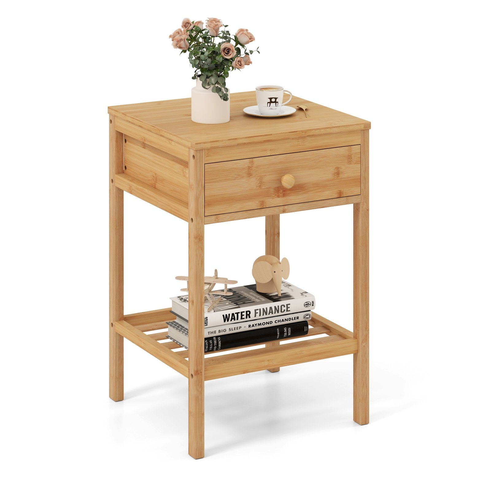 Set of 1/2 Bamboo Nightstand Bedside Table with Storage Drawer and Open Shelf-1 piece