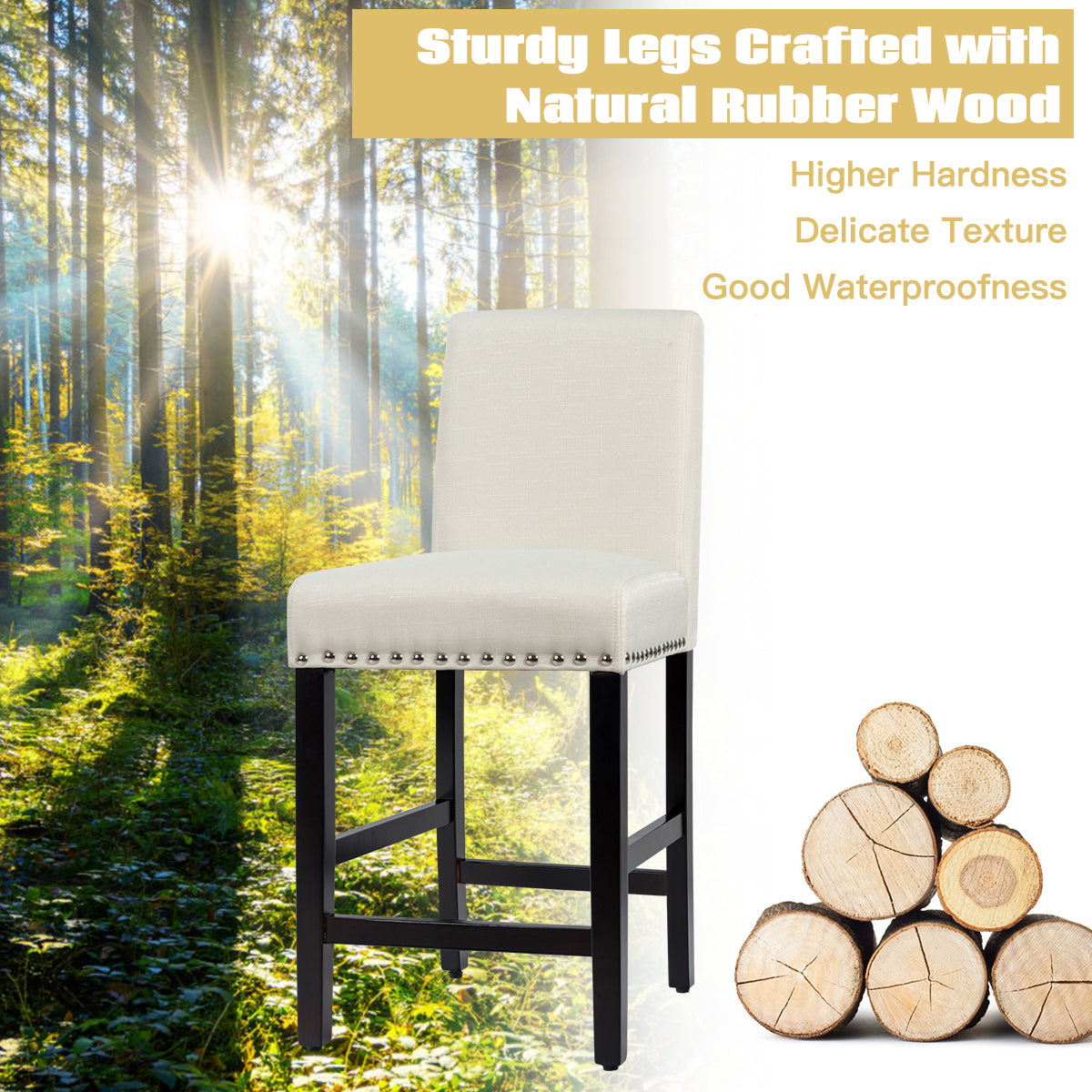 Set of 2 Bar Stool Upholstered Fabric with Low Backrest and Wide Seat-Beige