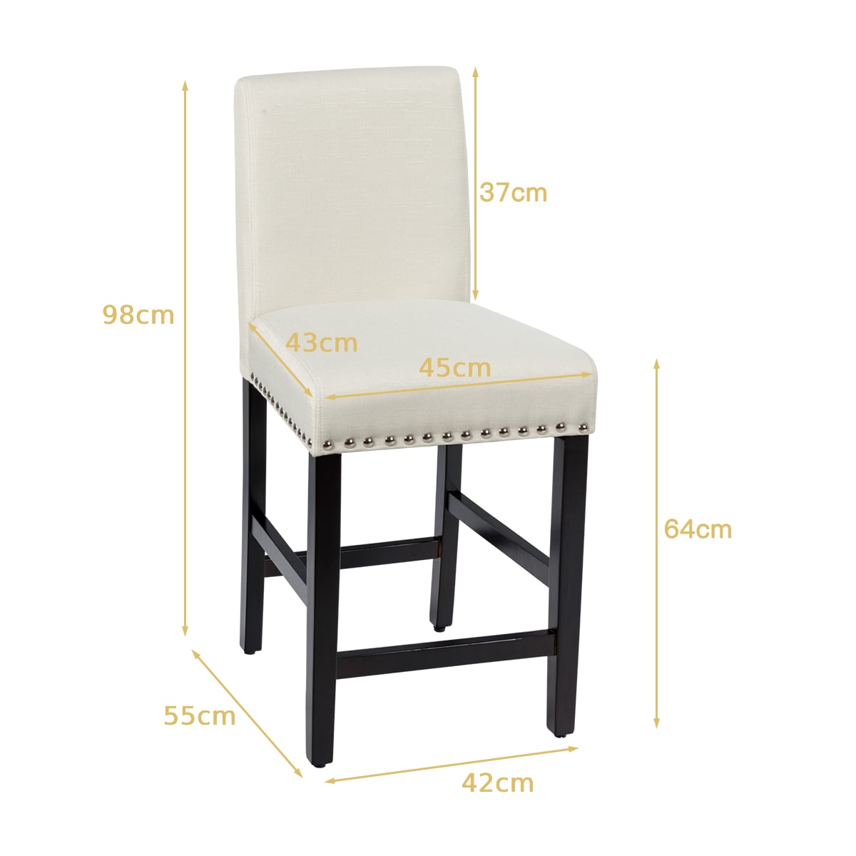 Set of 2 Bar Stool Upholstered Fabric with Low Backrest and Wide Seat-Beige