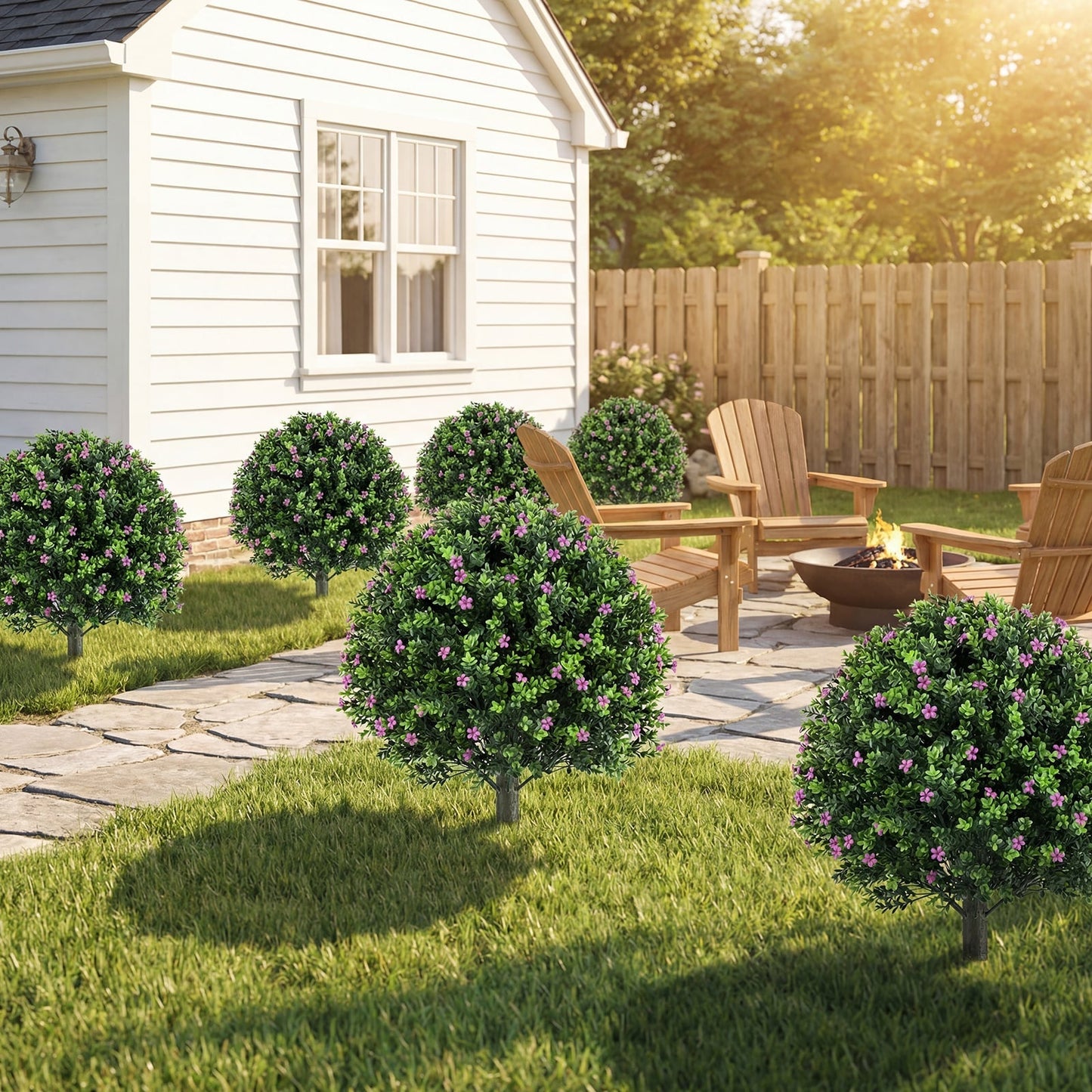 Set of 2 Boxwood Topiary Ball Trees with Ground Spikes for Yard