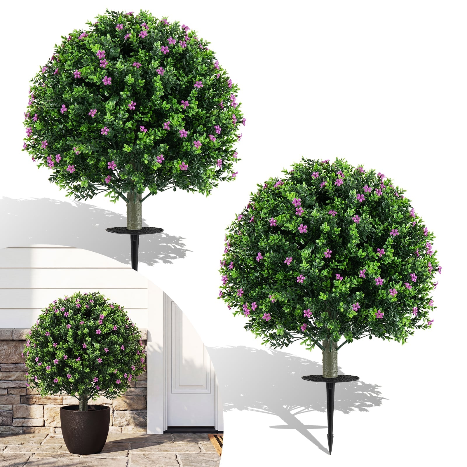 Set of 2 Boxwood Topiary Ball Trees with Ground Spikes for Yard