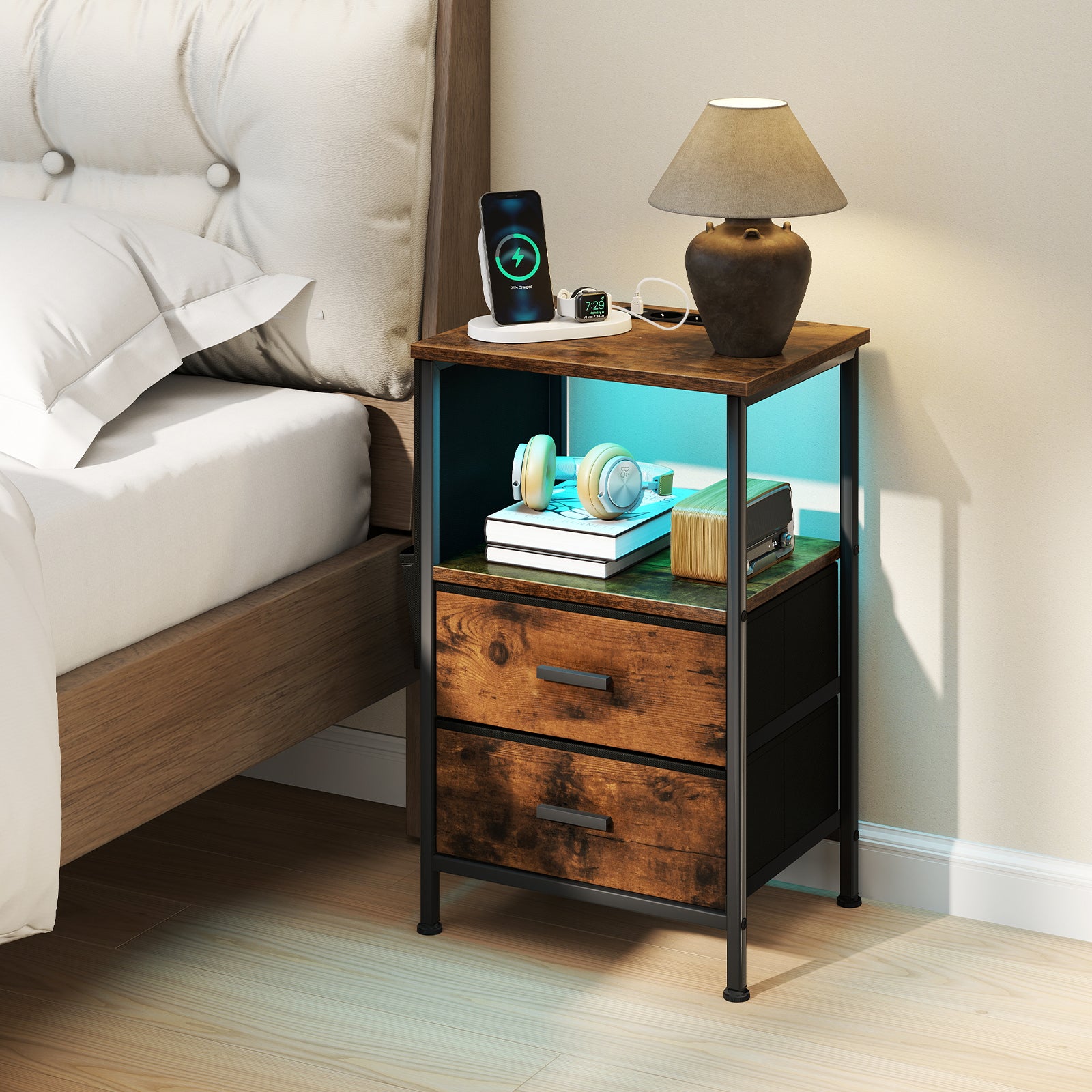 Set of 2 End Tables with Charging Station and 2 Folding Fabric Drawers-Rustic Brown