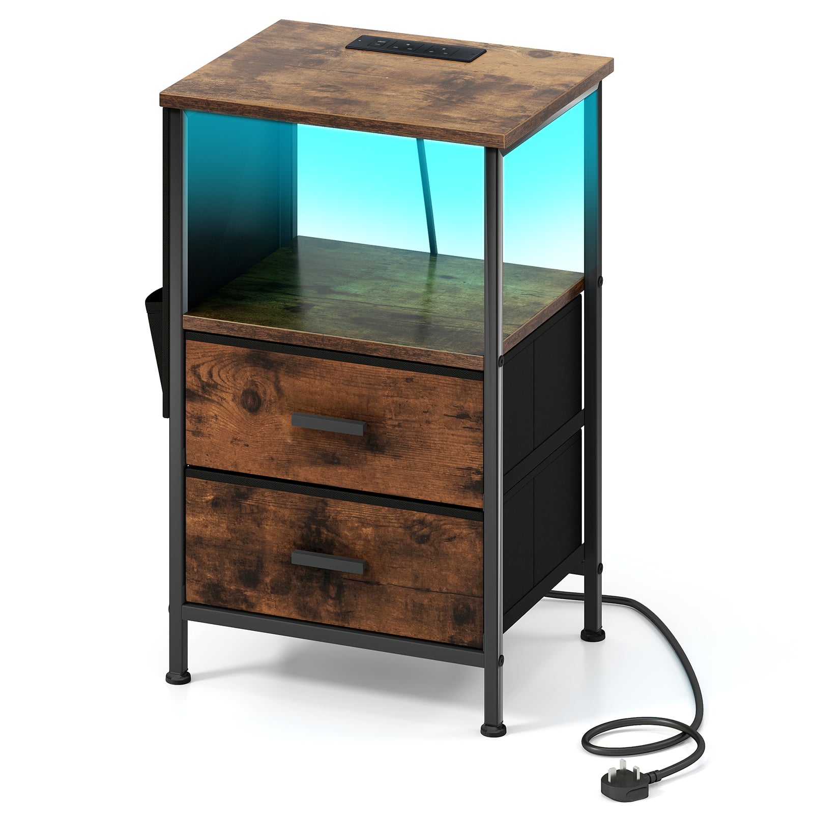 Set of 2 End Tables with Charging Station and 2 Folding Fabric Drawers-Rustic Brown