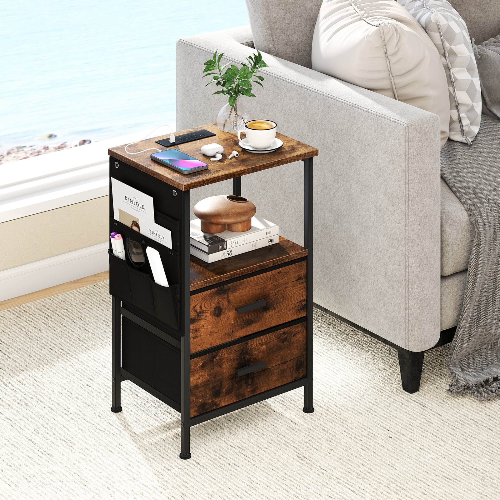 Set of 2 End Tables with Charging Station and 2 Folding Fabric Drawers-Rustic Brown