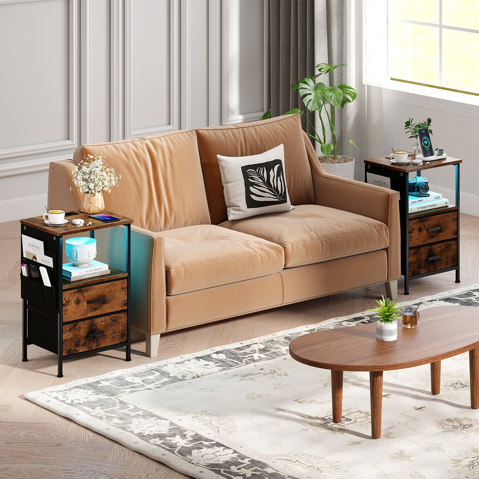 Set of 2 End Tables with Charging Station and 2 Folding Fabric Drawers-Rustic Brown