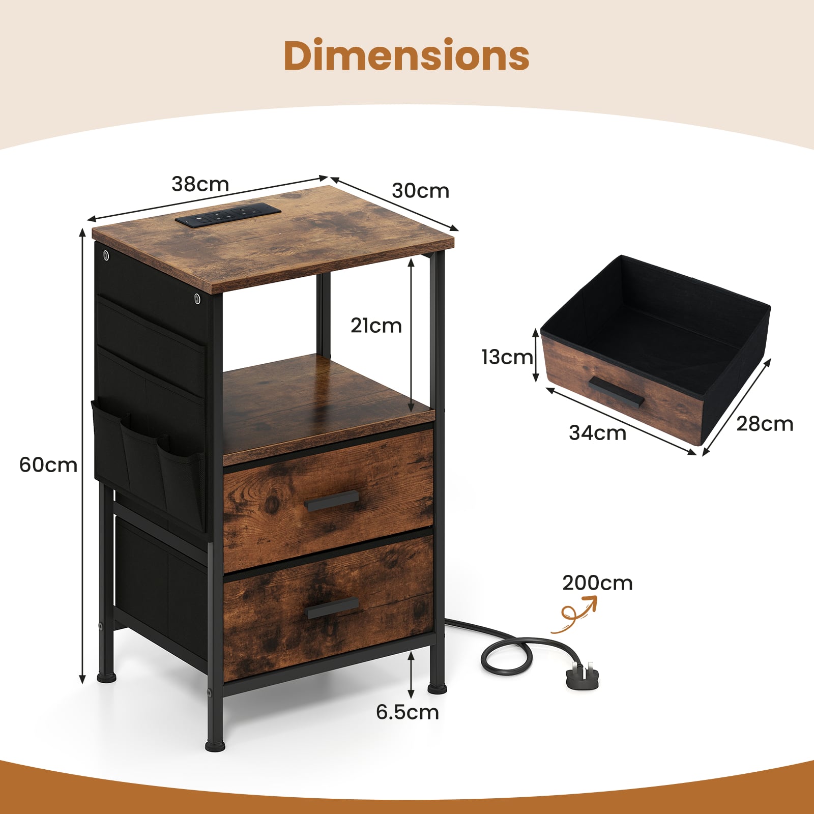 Set of 2 End Tables with Charging Station and 2 Folding Fabric Drawers-Rustic Brown
