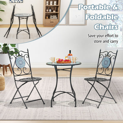 Mosaic Chairs Set of 2 Patio Metal Folding Chair with Decorative Backrest