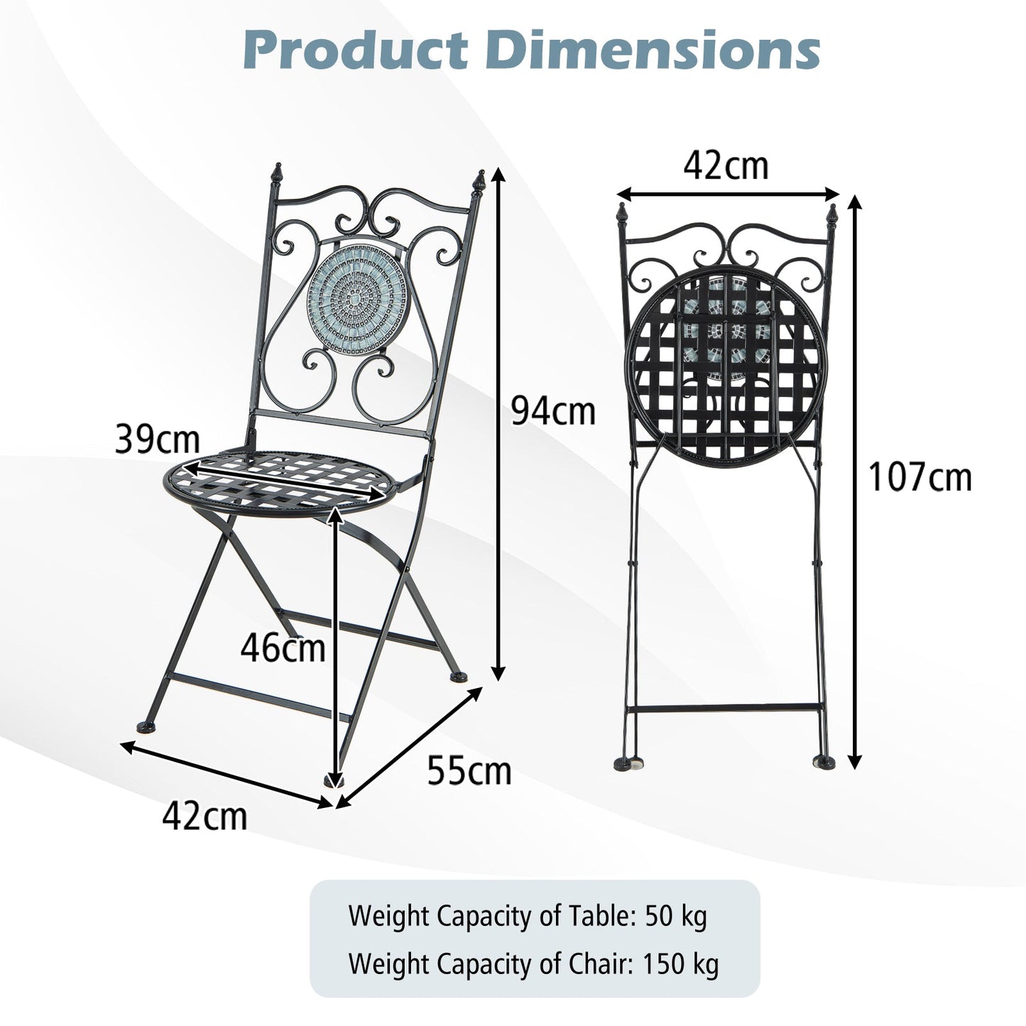 Mosaic Chairs Set of 2 Patio Metal Folding Chair with Decorative Backrest