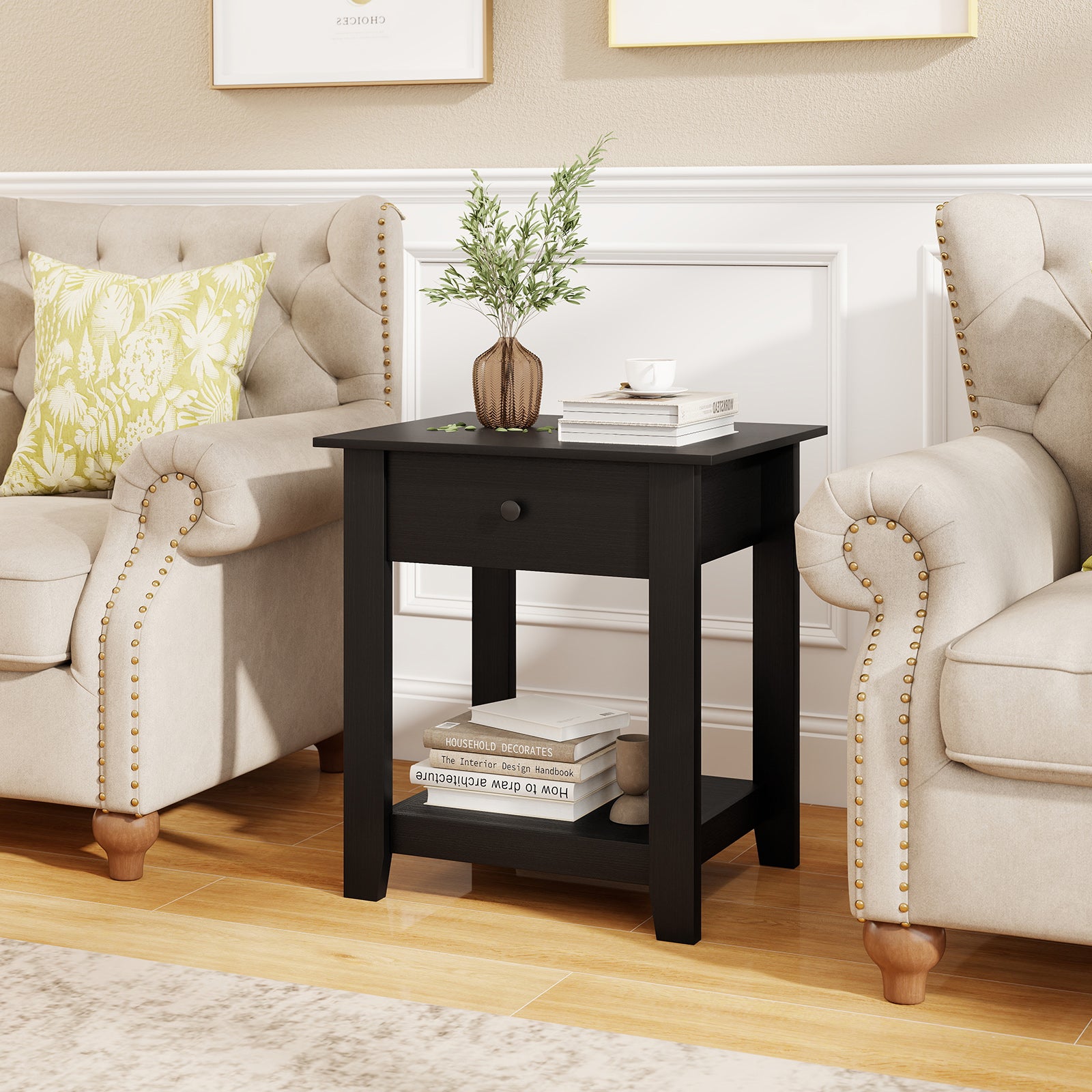 Set of 2 Nightstand with Drawer 3-Tier Modern Bedside Table-Black