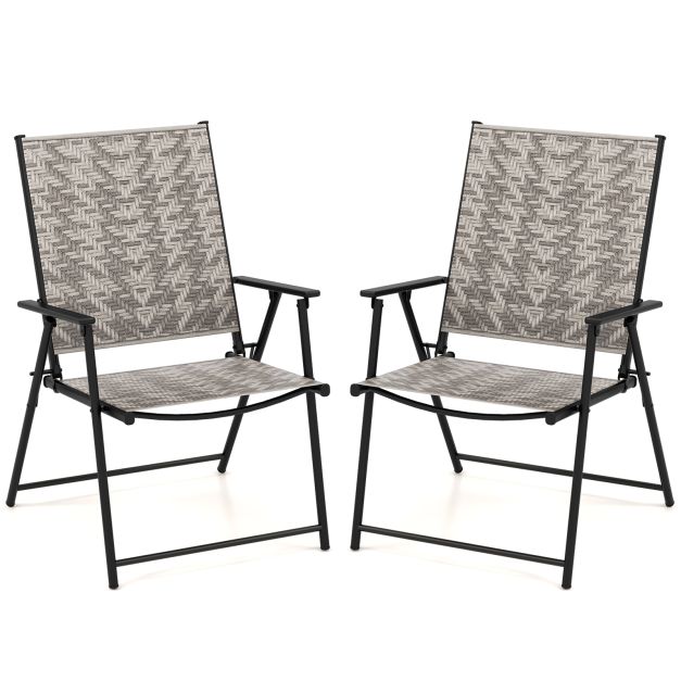 Set of 2 Patio Folding Chairs with Armrests-Grey