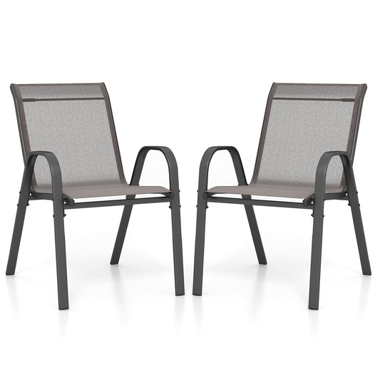 Set of 2 Patio Stackable Metal Dining Chairs with Armrests-Grey