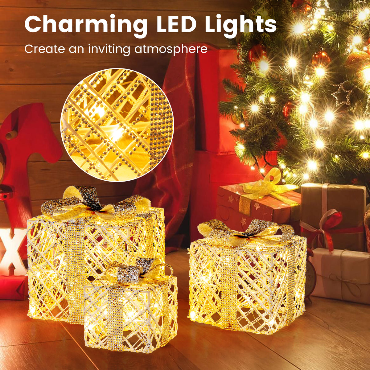 Set of 3 Christmas Lighted Gift Boxes with Bows and Ground Stakes