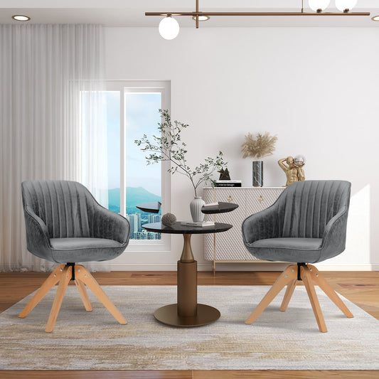 Set of 4 360° Swivel Accent Chair with Solid Wood Legs-Grey