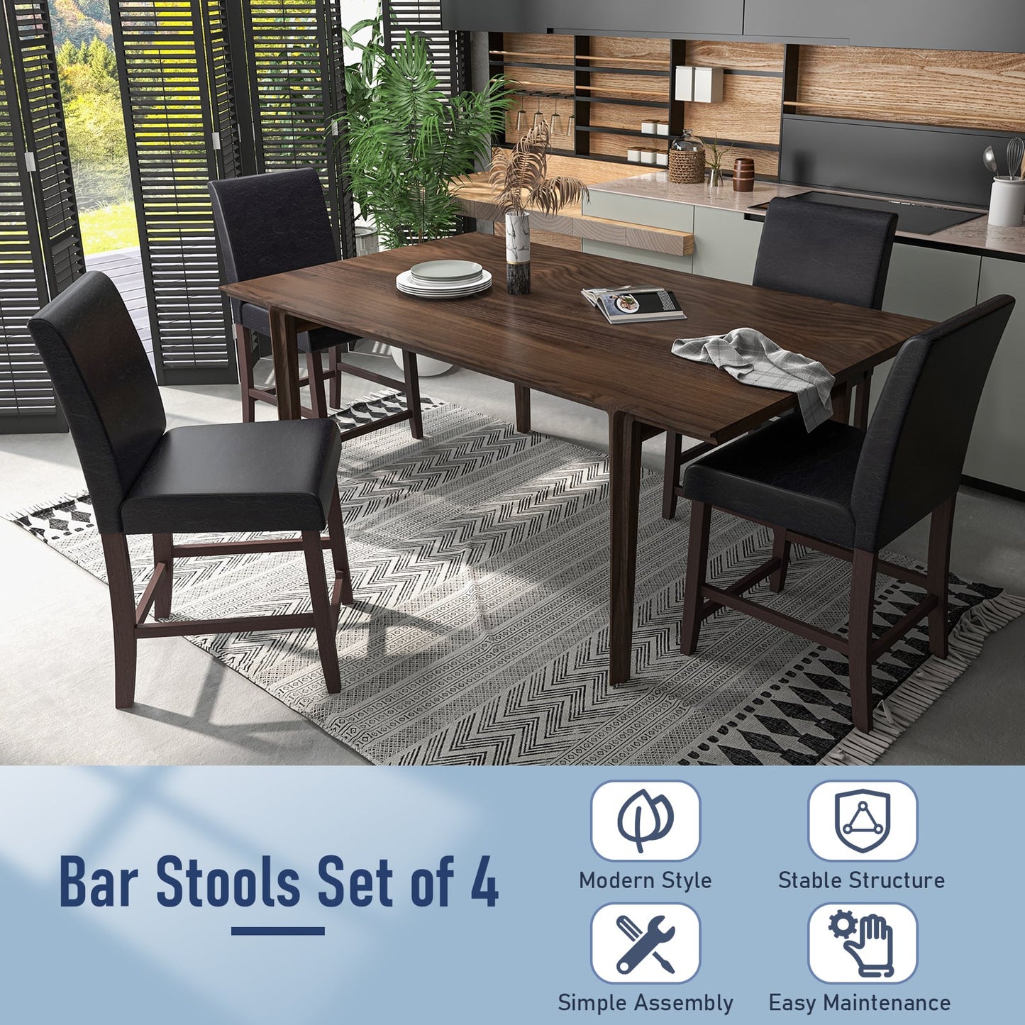 Set of 4 Counter Height Bar Stools with Rubber Wood Legs and Ergonomic
