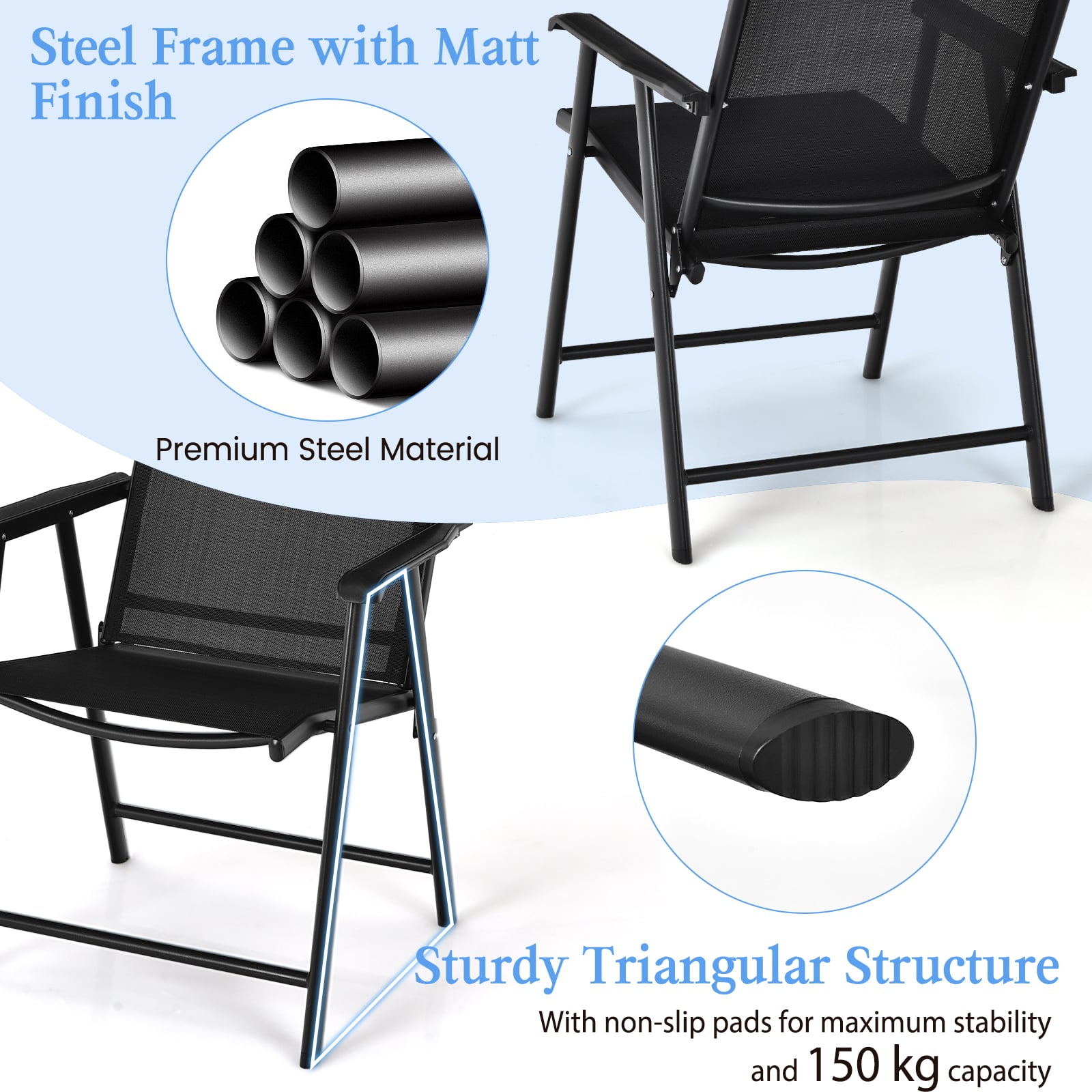 Set of 4 Folding Chairs in Fabric and Metal Garden Chairs-Black