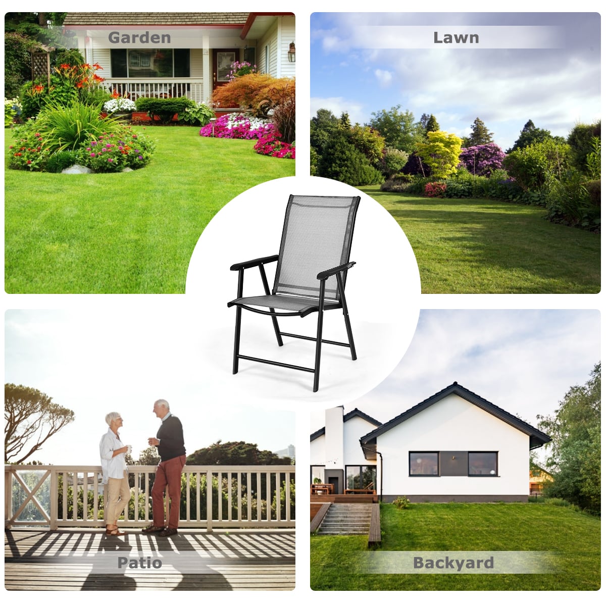 Set of 4 Folding Chairs in Fabric and Metal Garden Chairs-Grey