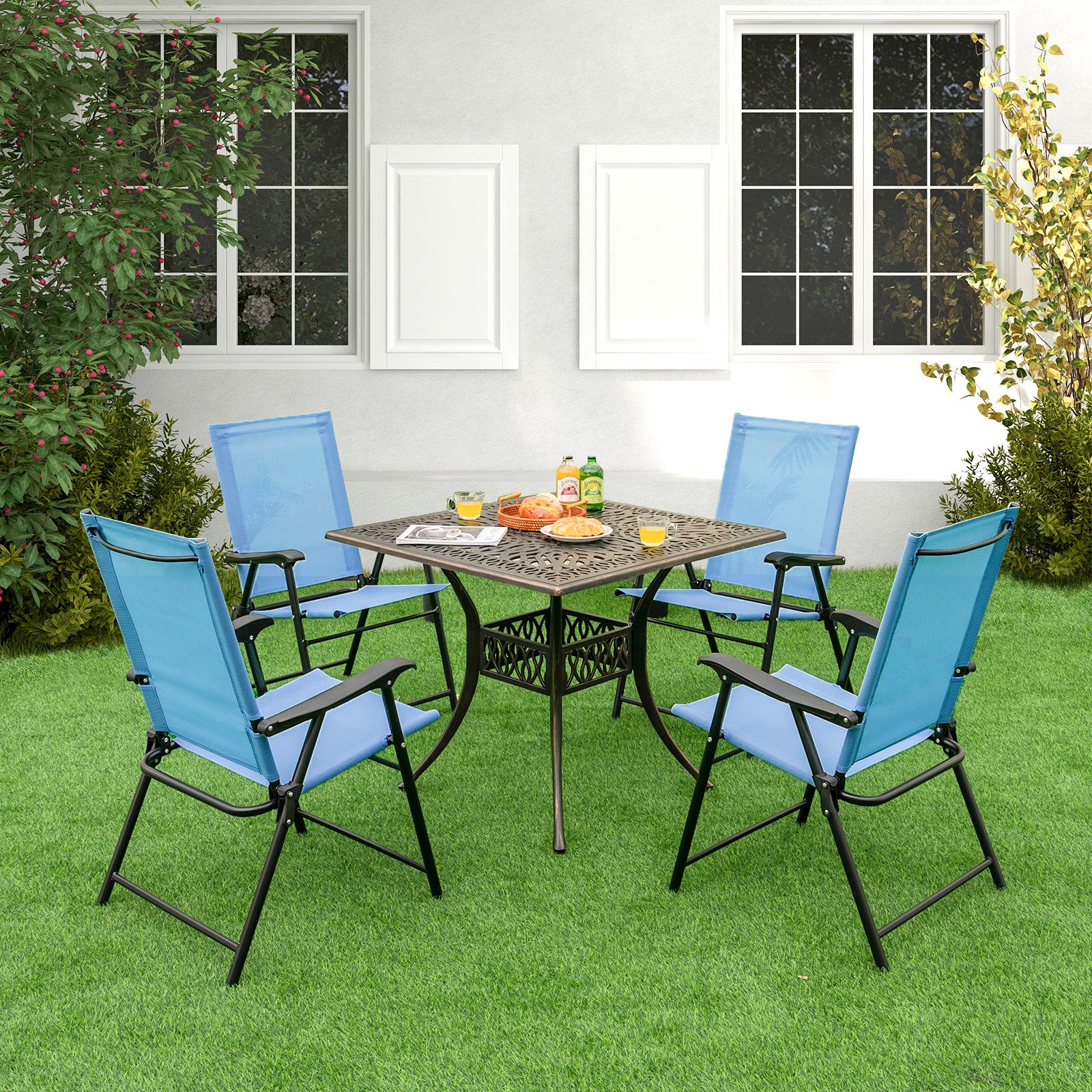 Set of 4 Folding Garden Chairs with Armrests for Yard Lawn Poolside-Blue
