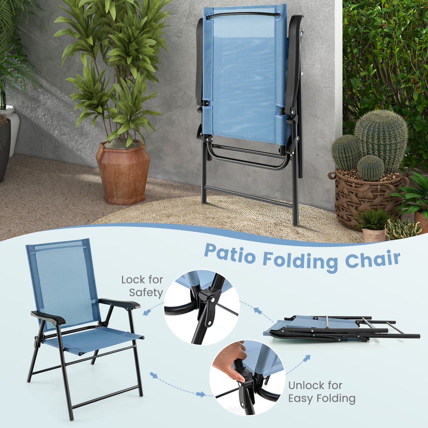 Set of 4 Folding Garden Chairs with Armrests for Yard Lawn Poolside-Blue