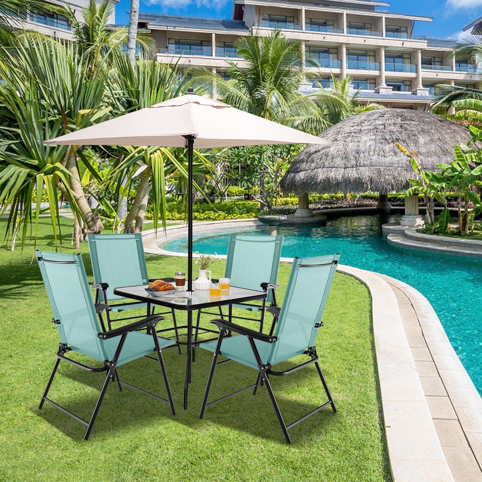 Set of 4 Folding Garden Chairs with Armrests for Yard Lawn Poolside-Green