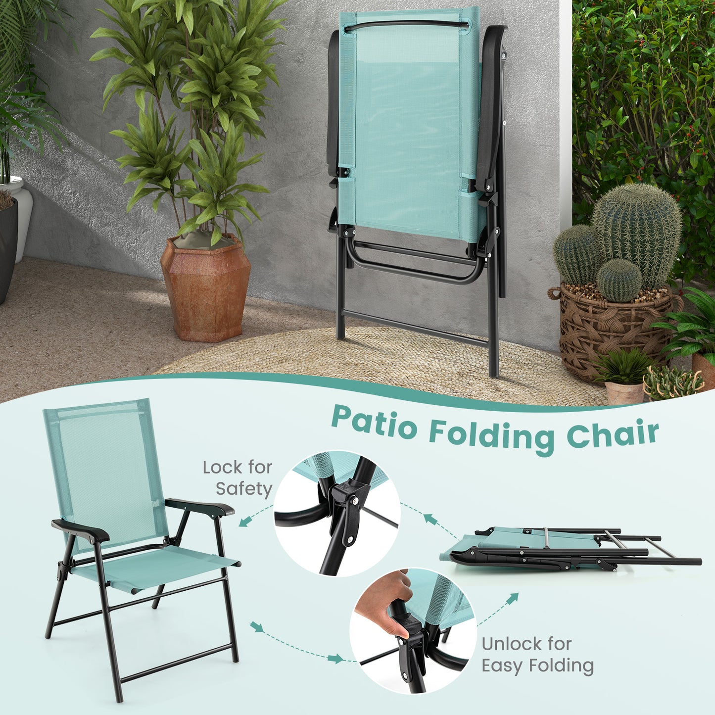 Set of 4 Folding Garden Chairs with Armrests for Yard Lawn Poolside-Green