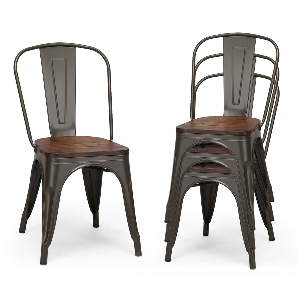 Set of 4 Stackable Metal Dining Chairs with Iron Backrest-Gun