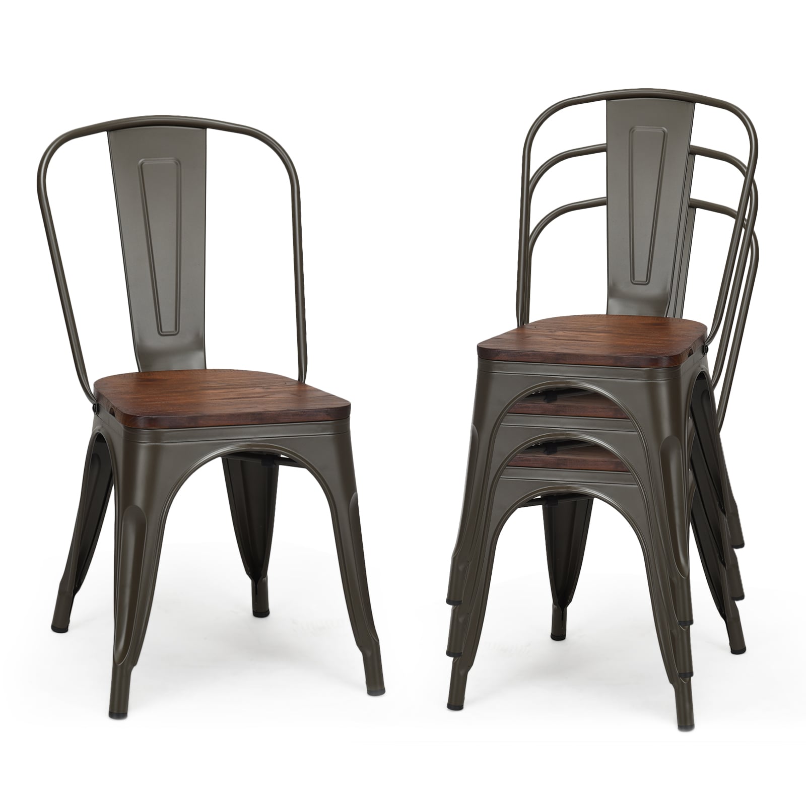 Set of 4 Stackable Metal Dining Chairs with Iron Backrest-Gun