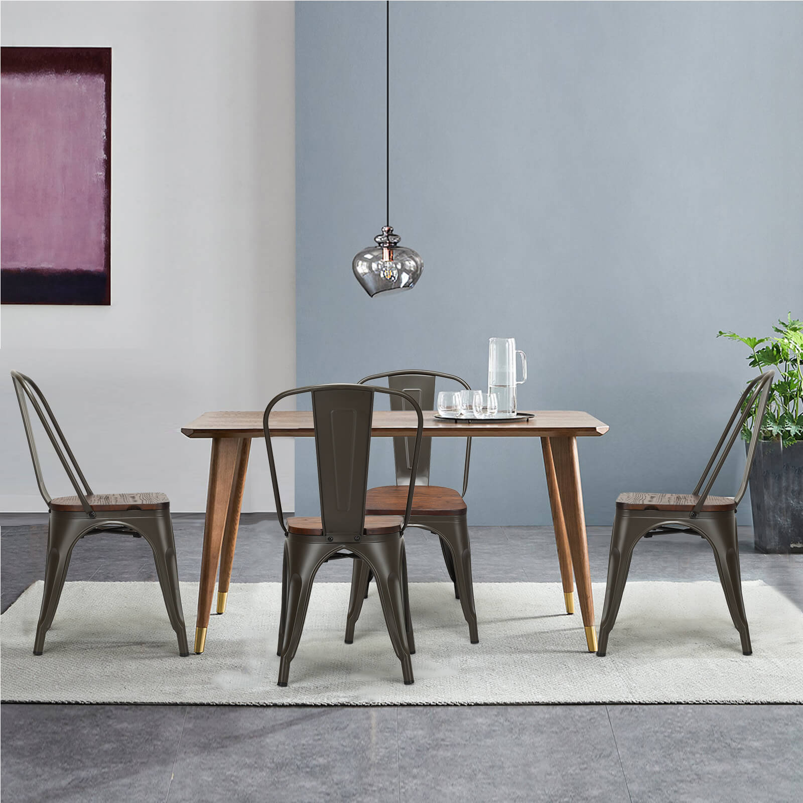 Set of 4 Stackable Metal Dining Chairs with Iron Backrest-Gun