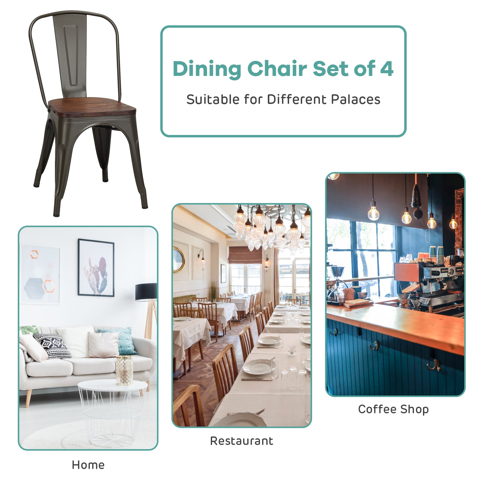 Set of 4 Stackable Metal Dining Chairs with Iron Backrest-Gun