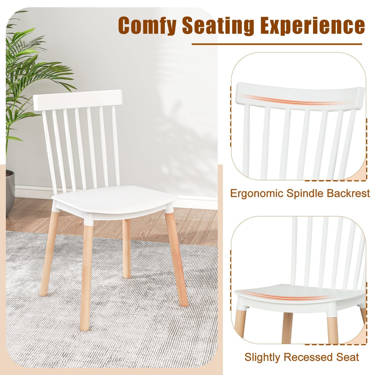 Set of 4 Windsor Dining Chairs with Spindle Backs and Curved Seats-White