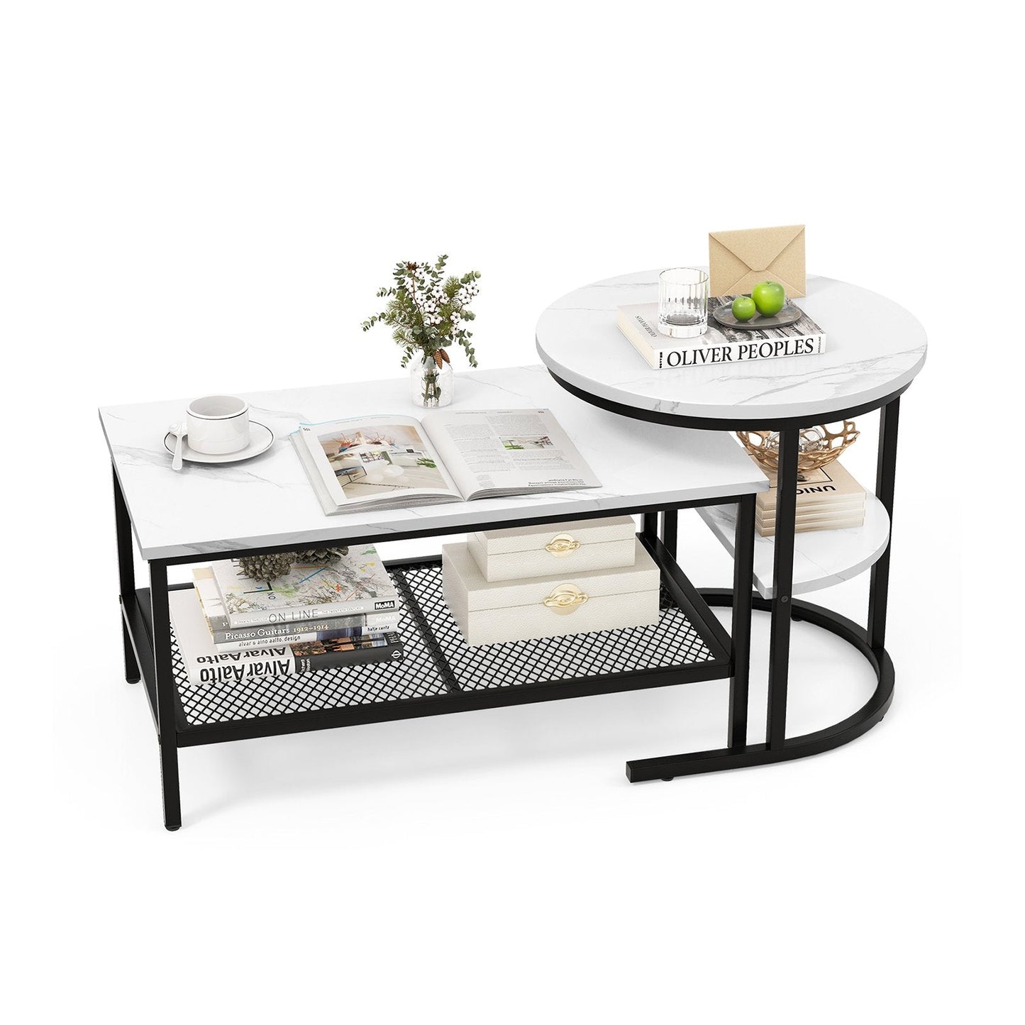 Set of 2 Nesting Coffee Table with Extra Storage Shelf-Black