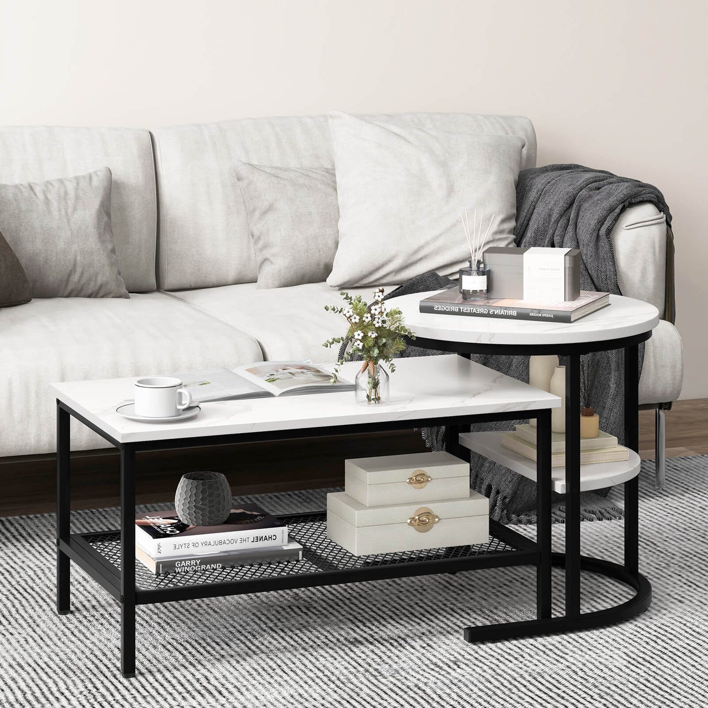 Set of 2 Nesting Coffee Table with Extra Storage Shelf-Black
