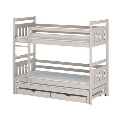 White wooden bunk bed with a mattress on a white background