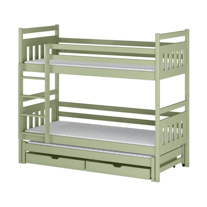 Green bunk bed with a white mattress on a white background