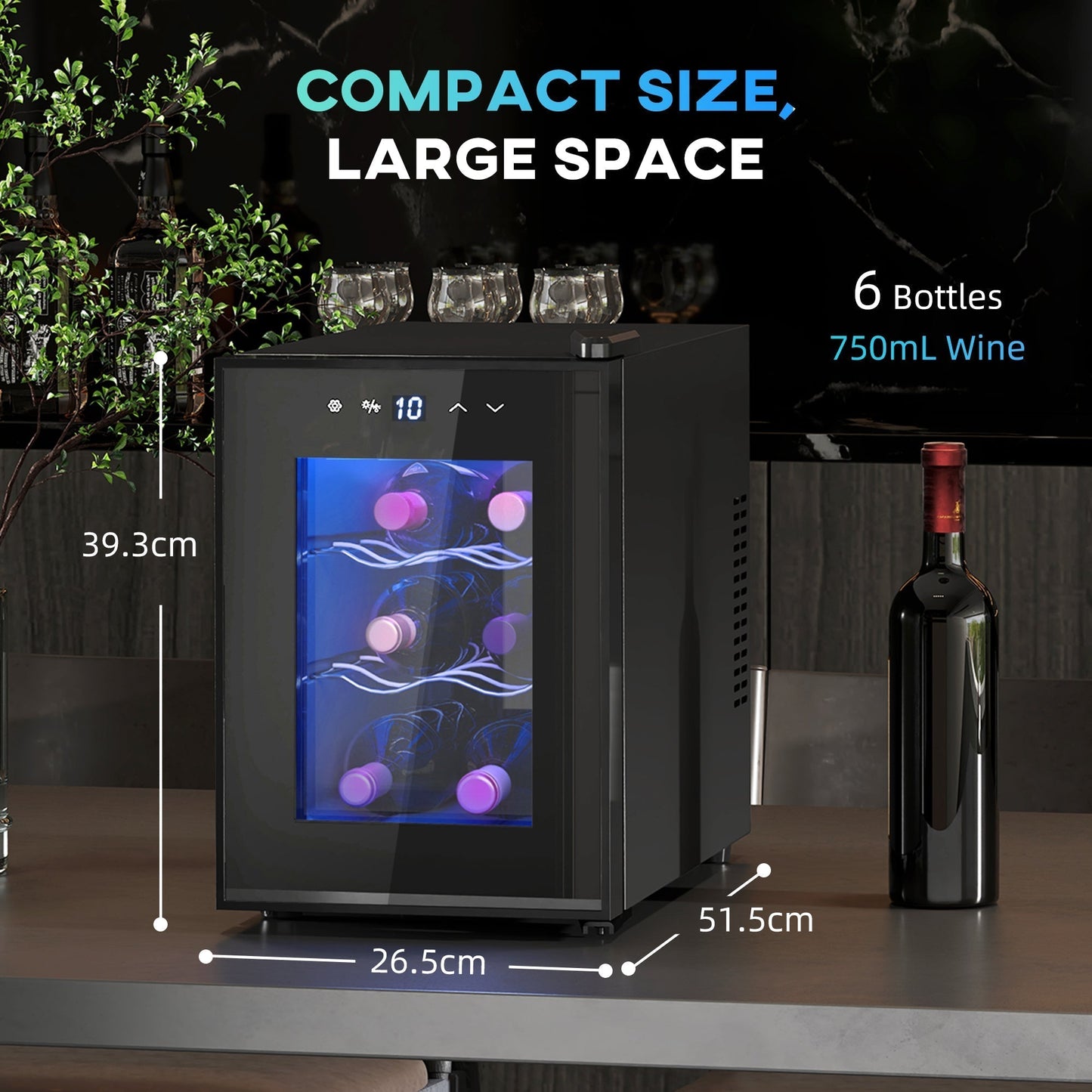 HOMCOM Six Bottle 8-18 degrees C Countertop Wine Fridge - Black